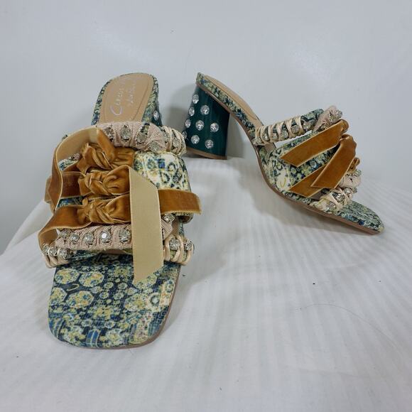 Circus NY Vera Mule Fabric Teal Rhinestone Velvet Bow Heel Sz 9 Boho Maximalist - Picture 3 of 10